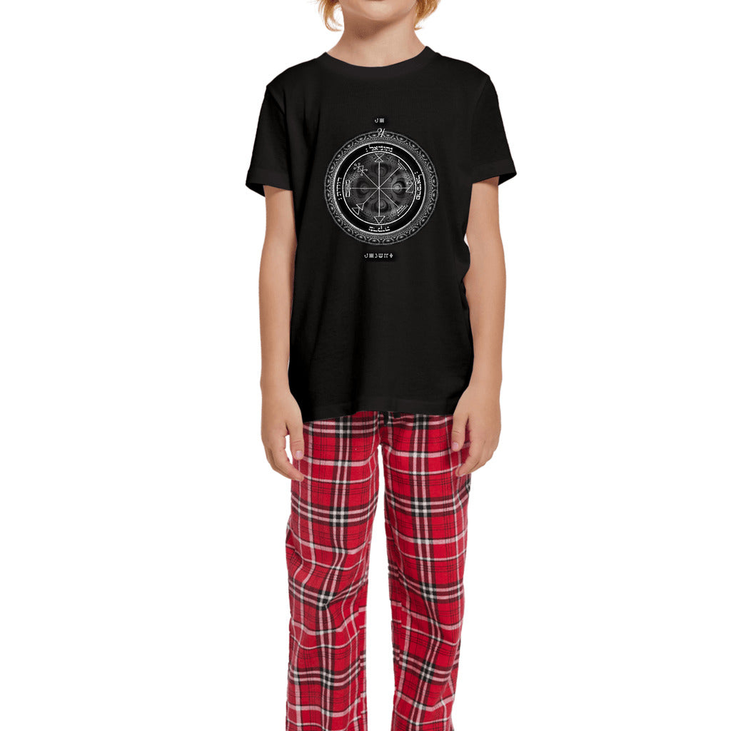 Child wearing Jupiter prosperity short sleeve top and flannel pants