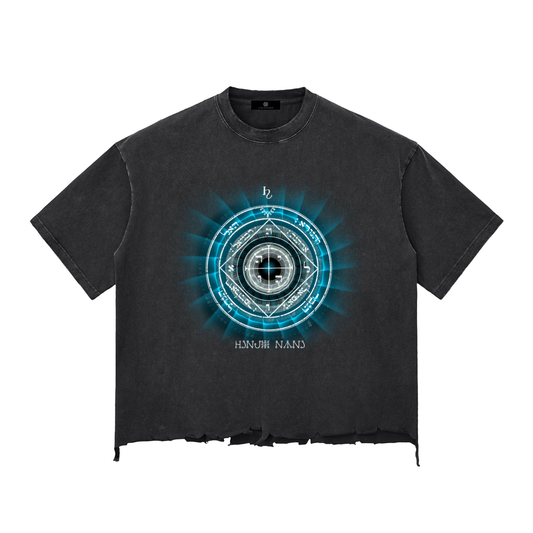 5th Pentacle of Saturn Snow Wash Raw-Hem Boxy T-shirt - Protection of the Home, Property and Valuables