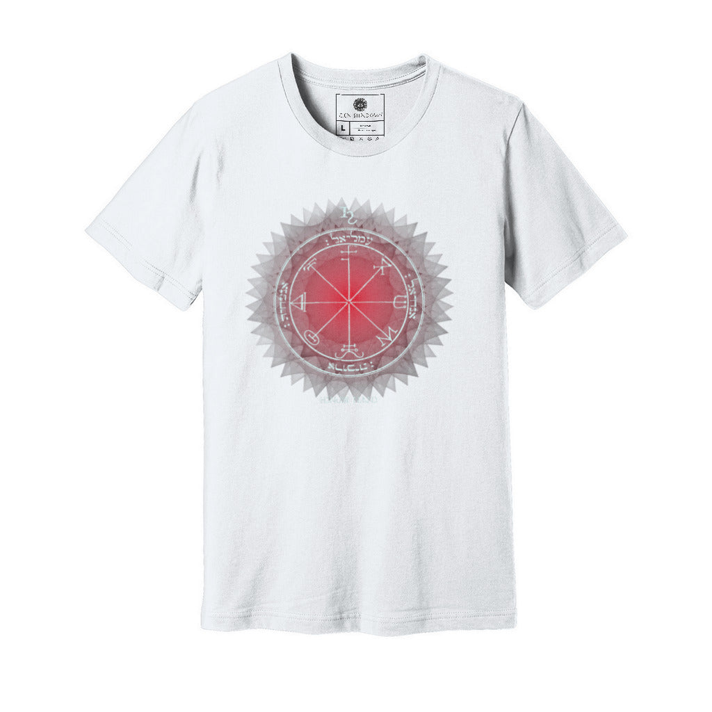 White Unisex t-shirt featuring the 3rd Pentacle of Saturn printed in red for spiritual protection