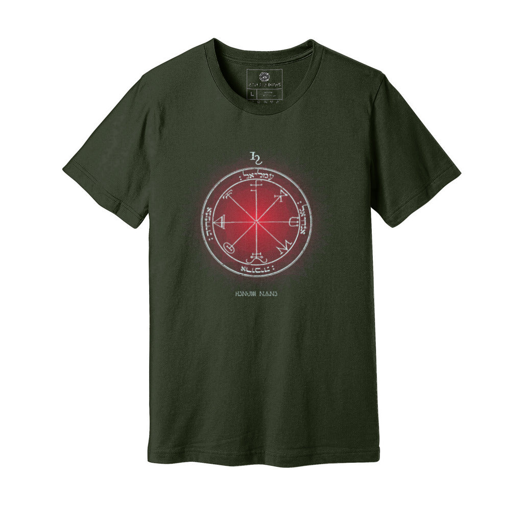 Unisex t-shirt featuring the 3rd Pentacle of Saturn printed in red for spiritual protection