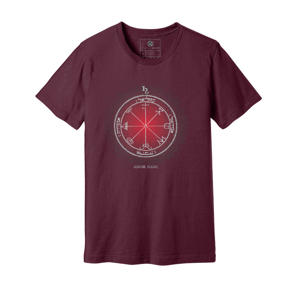 Unisex t-shirt featuring the 3rd Pentacle of Saturn printed in red for spiritual protection