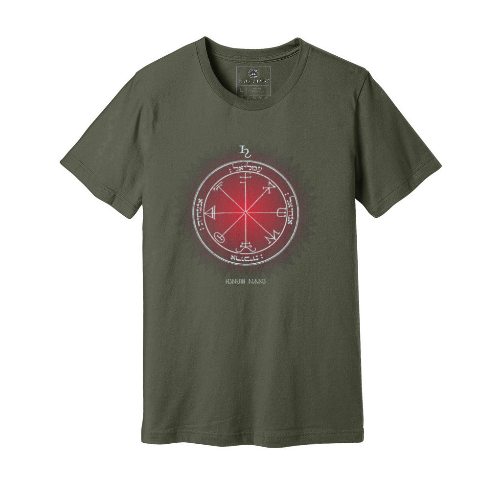 Unisex t-shirt featuring the 3rd Pentacle of Saturn printed in red for spiritual protection