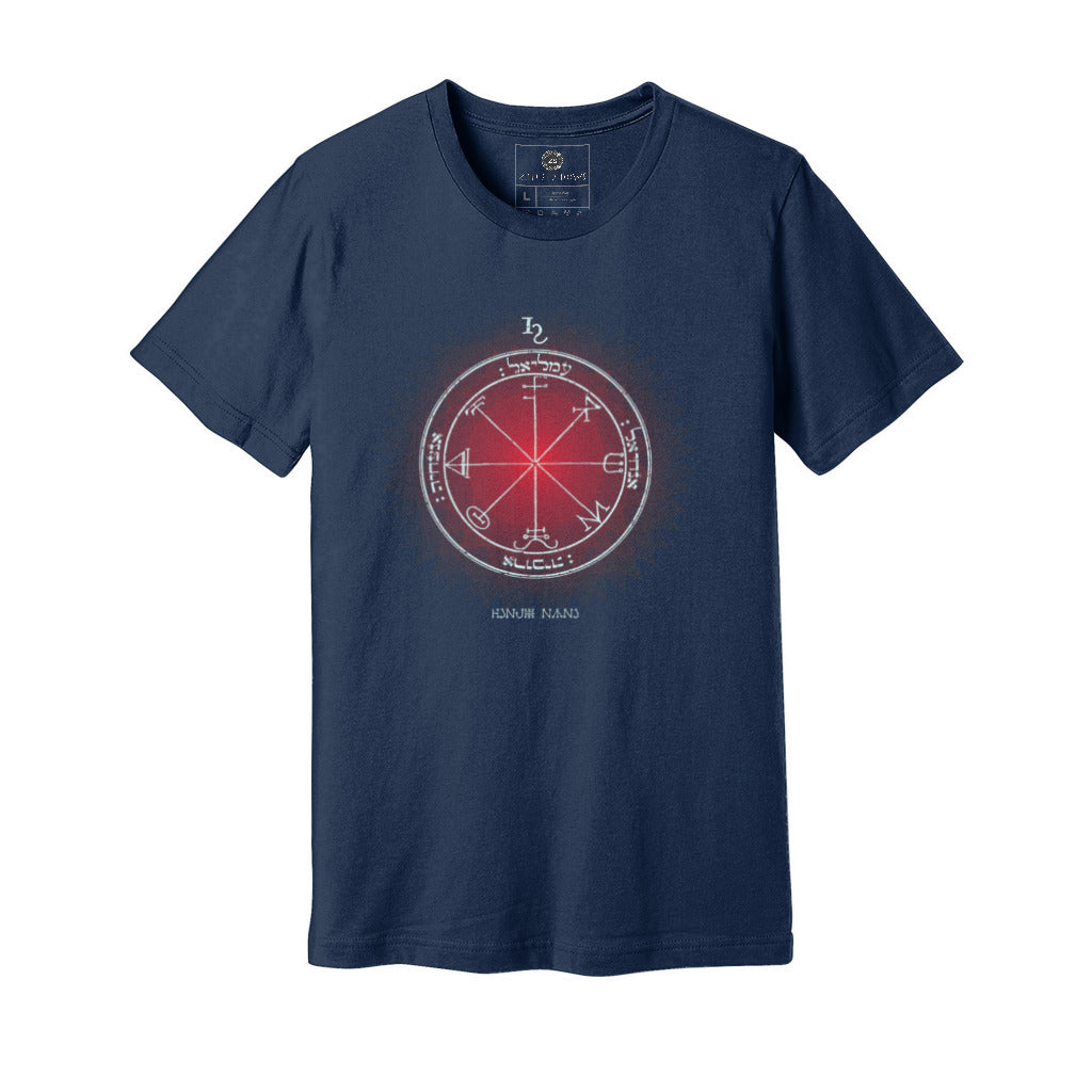 Unisex t-shirt featuring the 3rd Pentacle of Saturn printed in red for spiritual protection