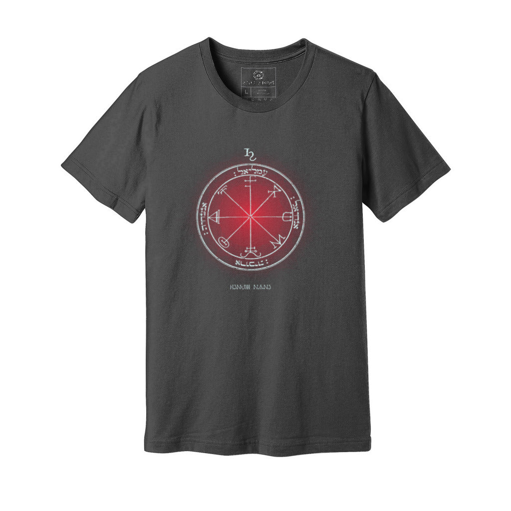 Unisex t-shirt featuring the 3rd Pentacle of Saturn printed in red for spiritual protection