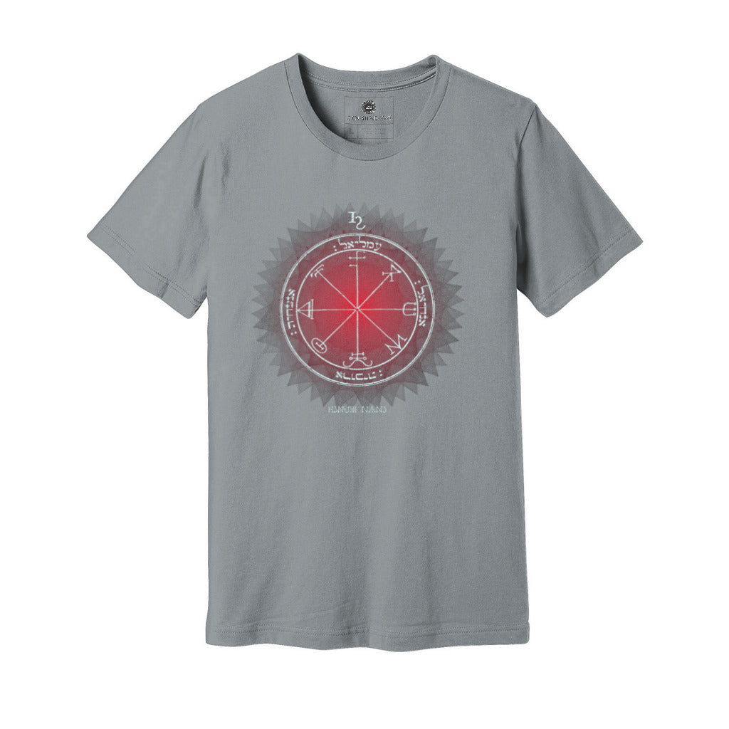 Unisex t-shirt featuring the 3rd Pentacle of Saturn printed in red for spiritual protection