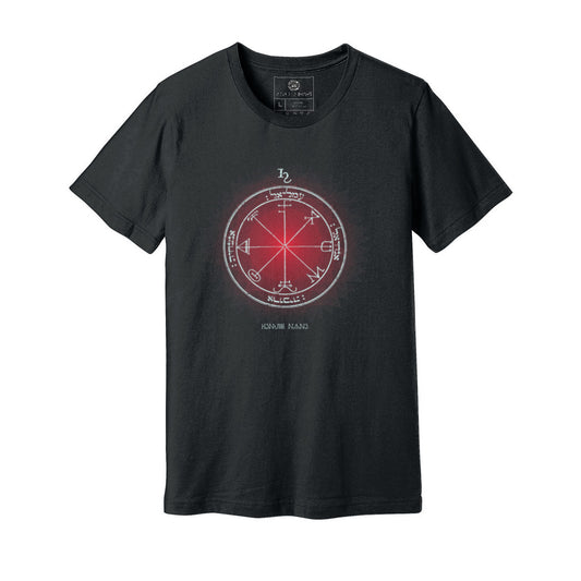 Black unisex t-shirt featuring the 3rd Pentacle of Saturn printed in red for spiritual protection