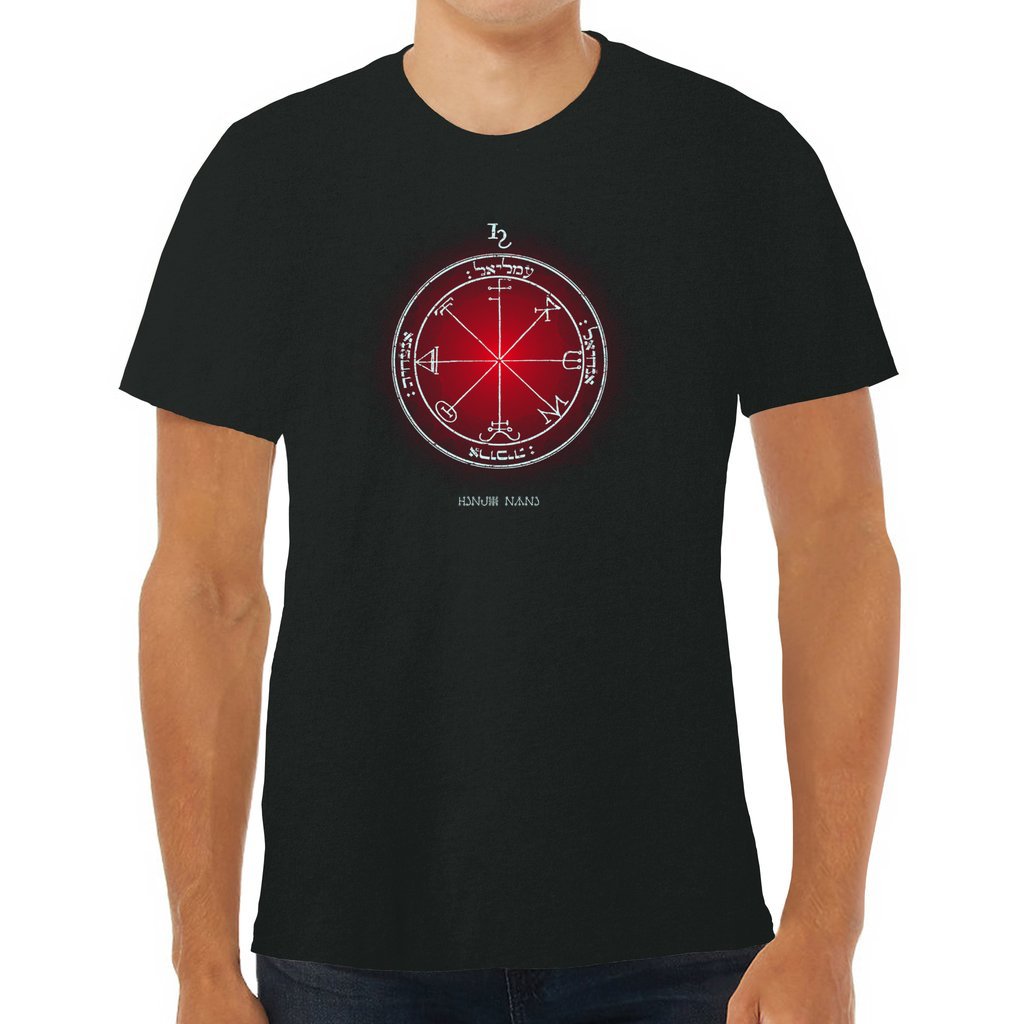 Person modeling fitted 3rd Pentacle of Saturn tee with protection sigil centered on chest