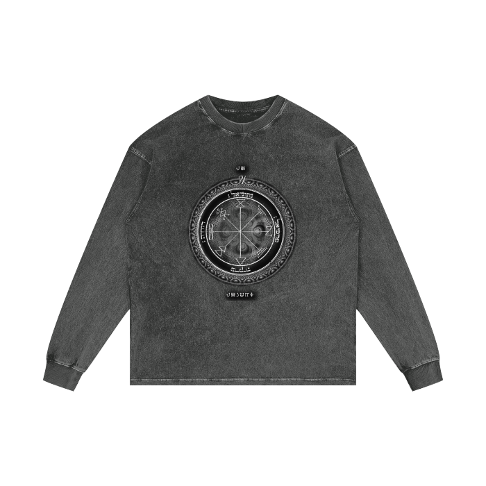 Distressed acid-wash oversized tee with 1st Pentacle of Jupiter wealth sigil print