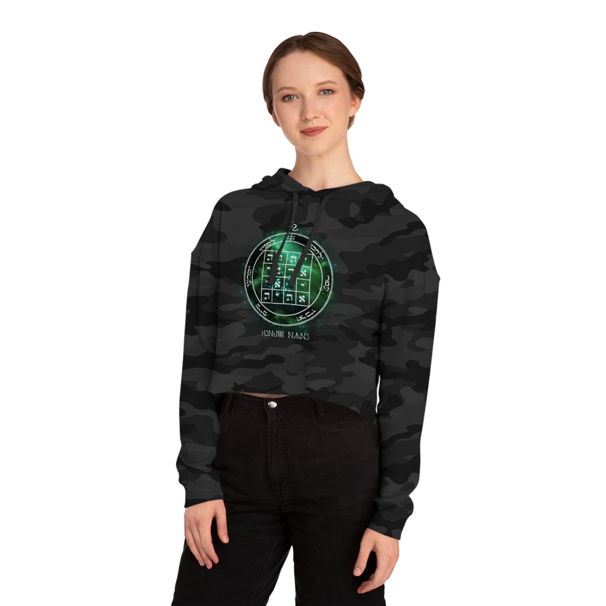 Black cropped hoodie with 1st Pentacle of Saturn command sigil