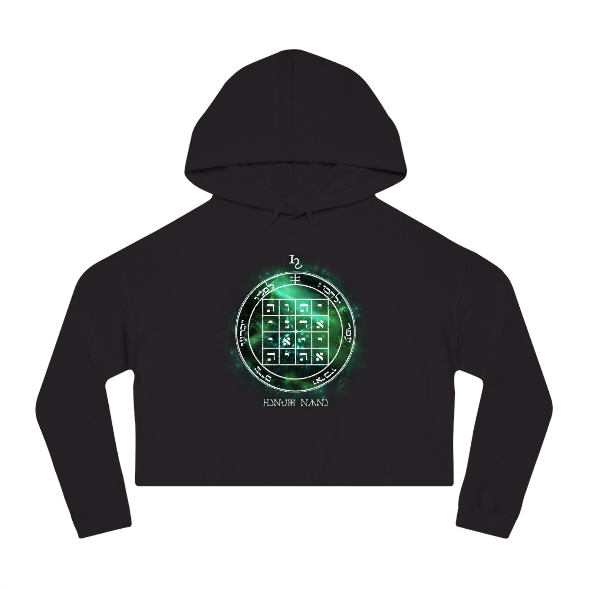 Black cropped hoodie with 1st Pentacle of Saturn command sigil
