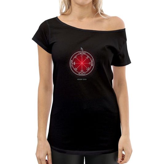 Woman wearing Saturn Pentacle off-shoulder top during moon ritual