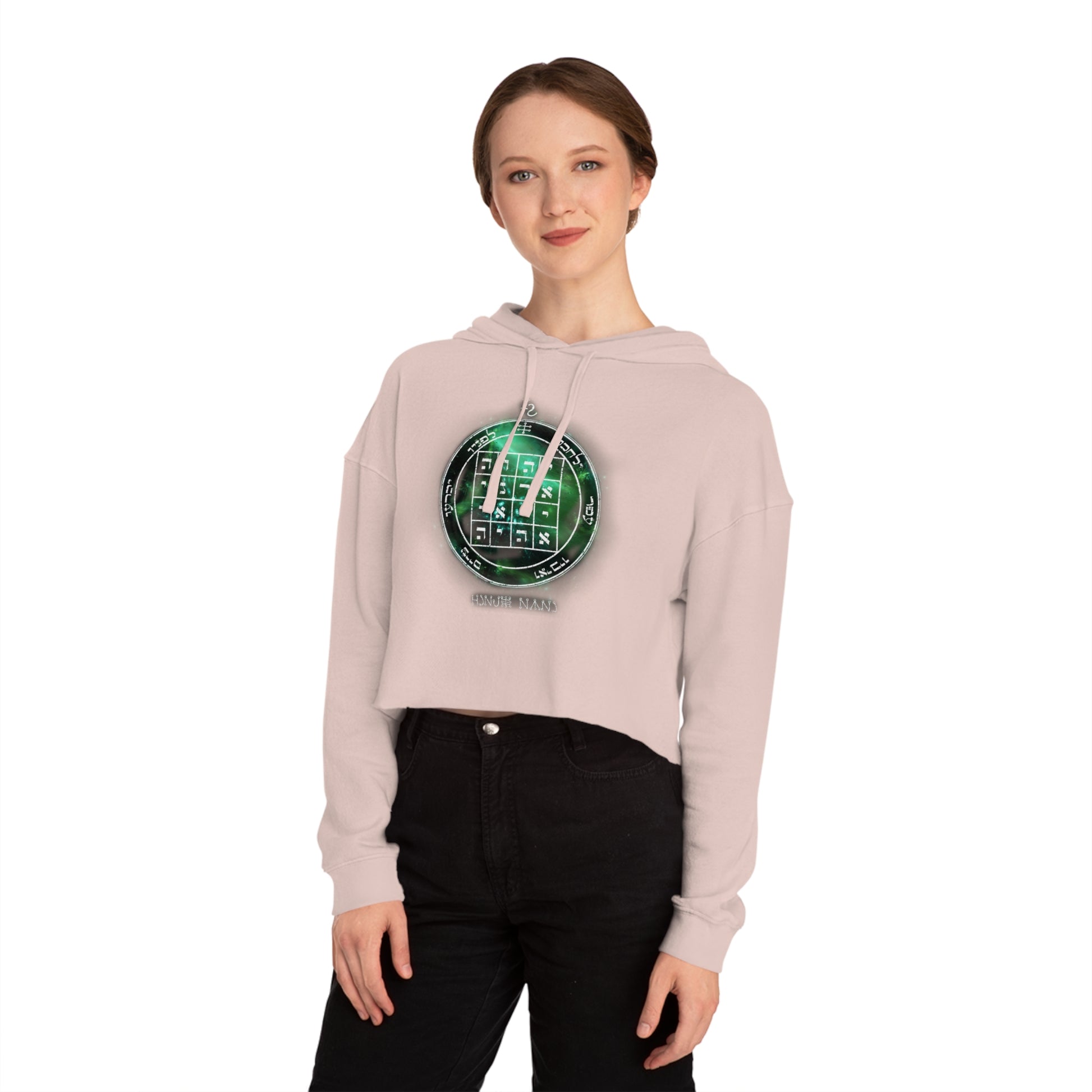 Black cropped hoodie with 1st Pentacle of Saturn command sigil