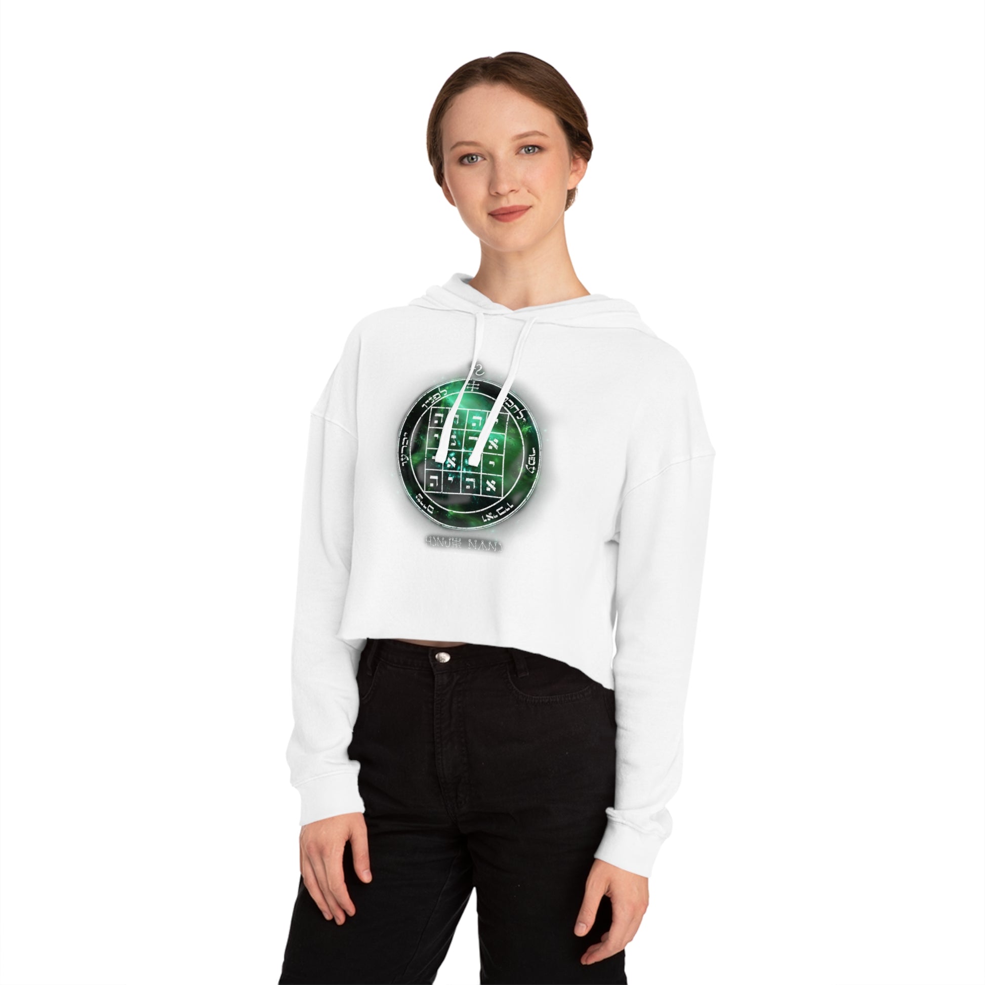 Black cropped hoodie with 1st Pentacle of Saturn command sigil