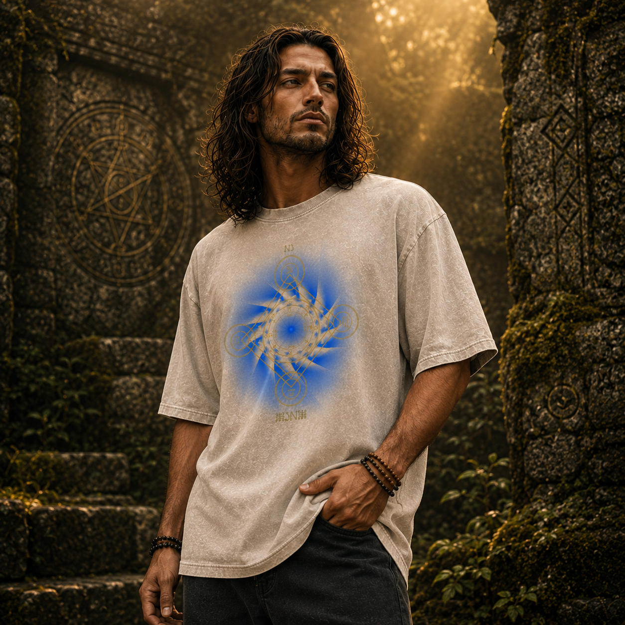 Earth Pentacle Unisex Snow Washed Streetwear Oversized Cotton T-Shirt - Grounding Spiritual Power into Material Reality
