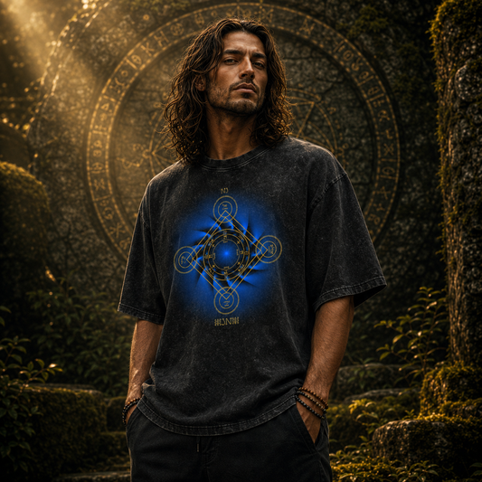 Earth Pentacle Unisex Snow Washed Streetwear Oversized Cotton T-Shirt - Grounding Spiritual Power into Material Reality