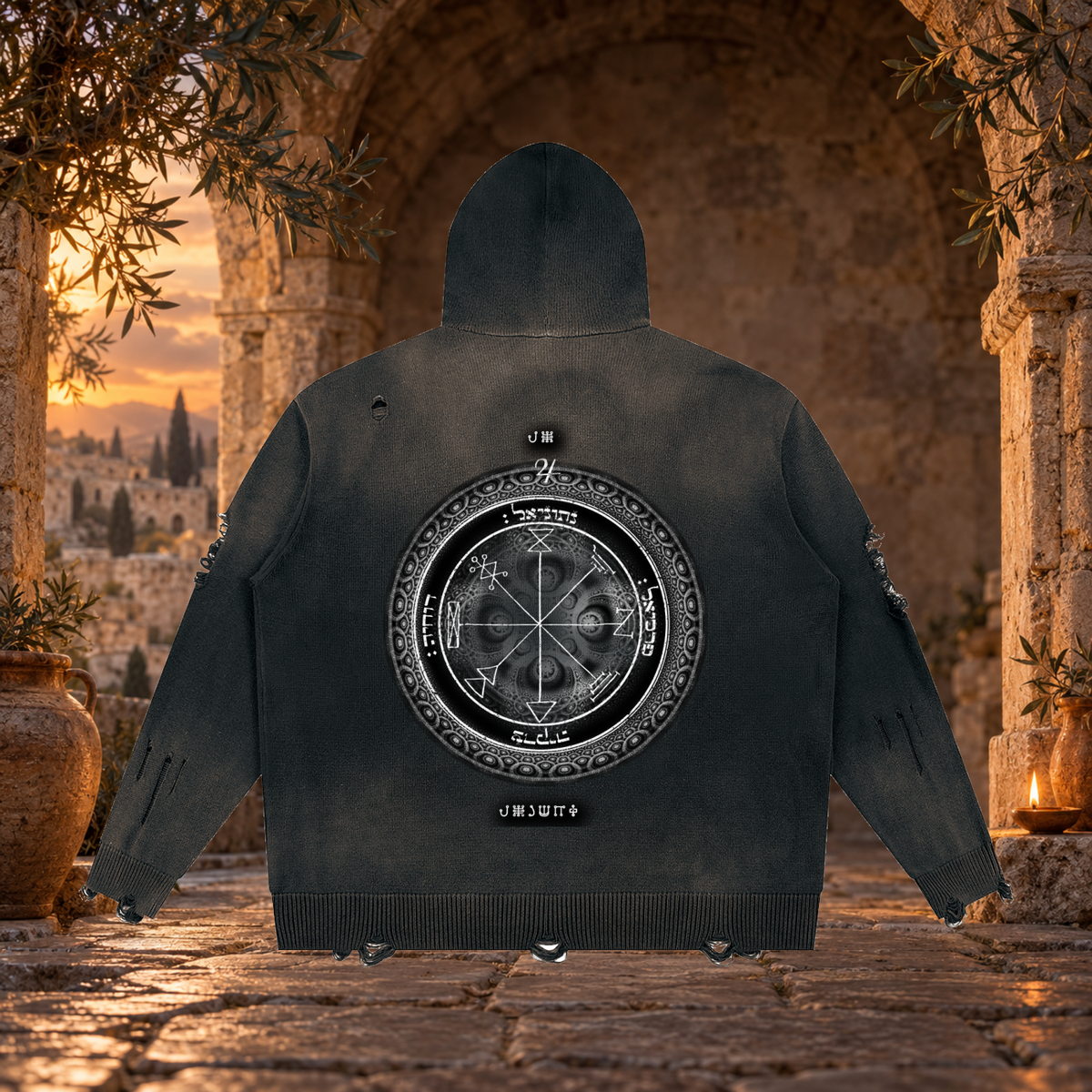 1st Pentacle of Jupiter Unisex Distressed Full Zip Sweater - Abundance, Expansion & Prosperity