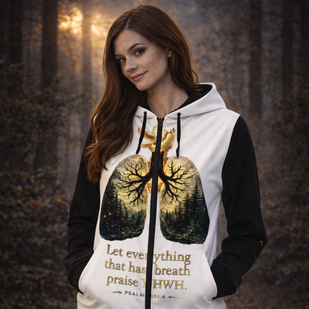 Breath of YHWH White & Black All-Over Print Unisex Pullover Hoodie With Zipper Closure