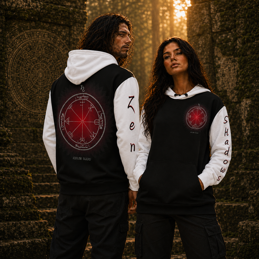 3rd Pentacle of Saturn Black with White Sleeves Unisex Cotton Hoodie — Discernment in Every Direction