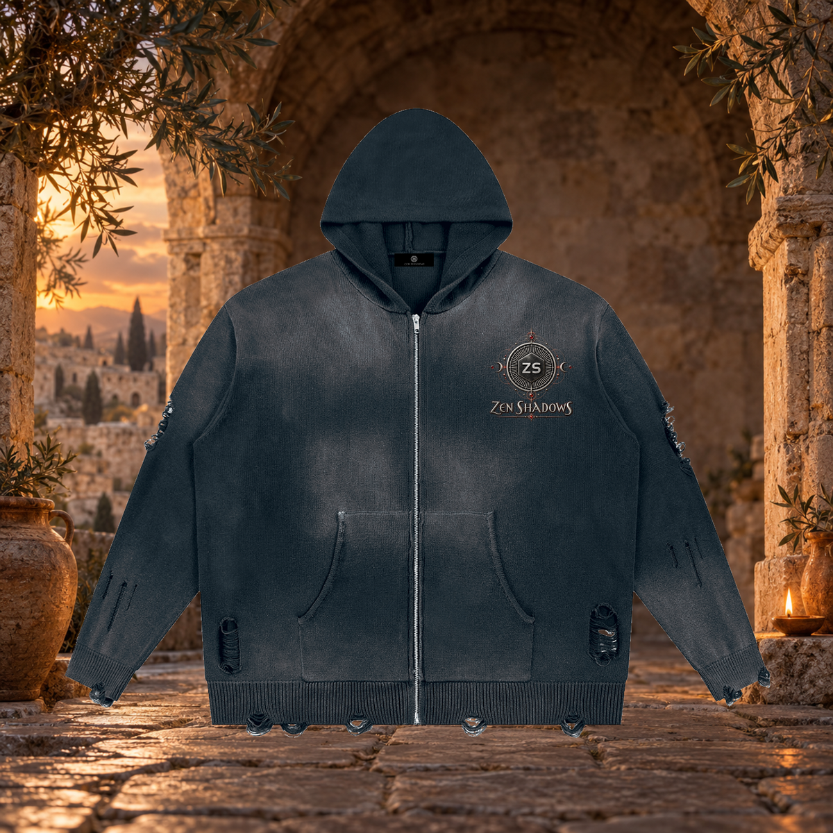 1st Pentacle of Jupiter Unisex Distressed Full Zip Sweater - Abundance, Expansion & Prosperity