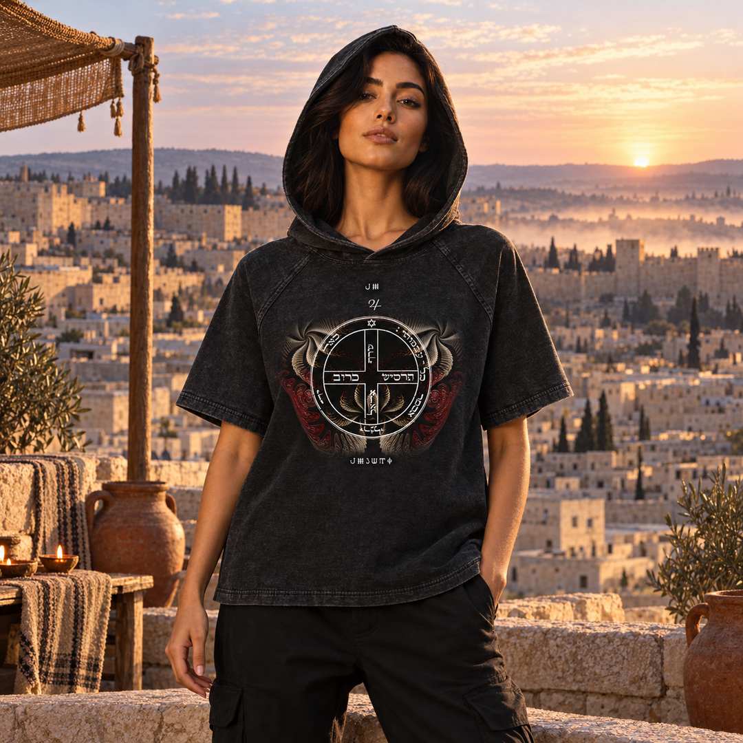 6th Pentacle of Jupiter Snow Washed Hooded Boxy T-Shirt — Protection from Material Dangers