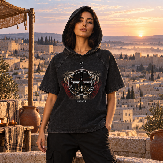 6th Pentacle of Jupiter Snow Washed Hooded Boxy T-Shirt — Protection from Material Dangers
