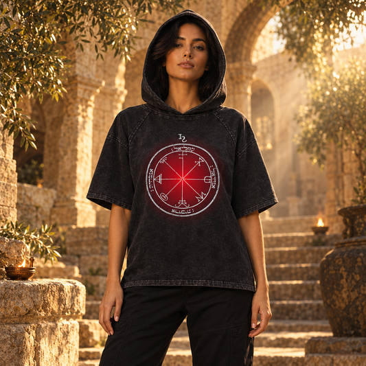 3rd Pentacle of Saturn Snow Washed Hooded Boxy T-Shirt — Resilience Through Discernment