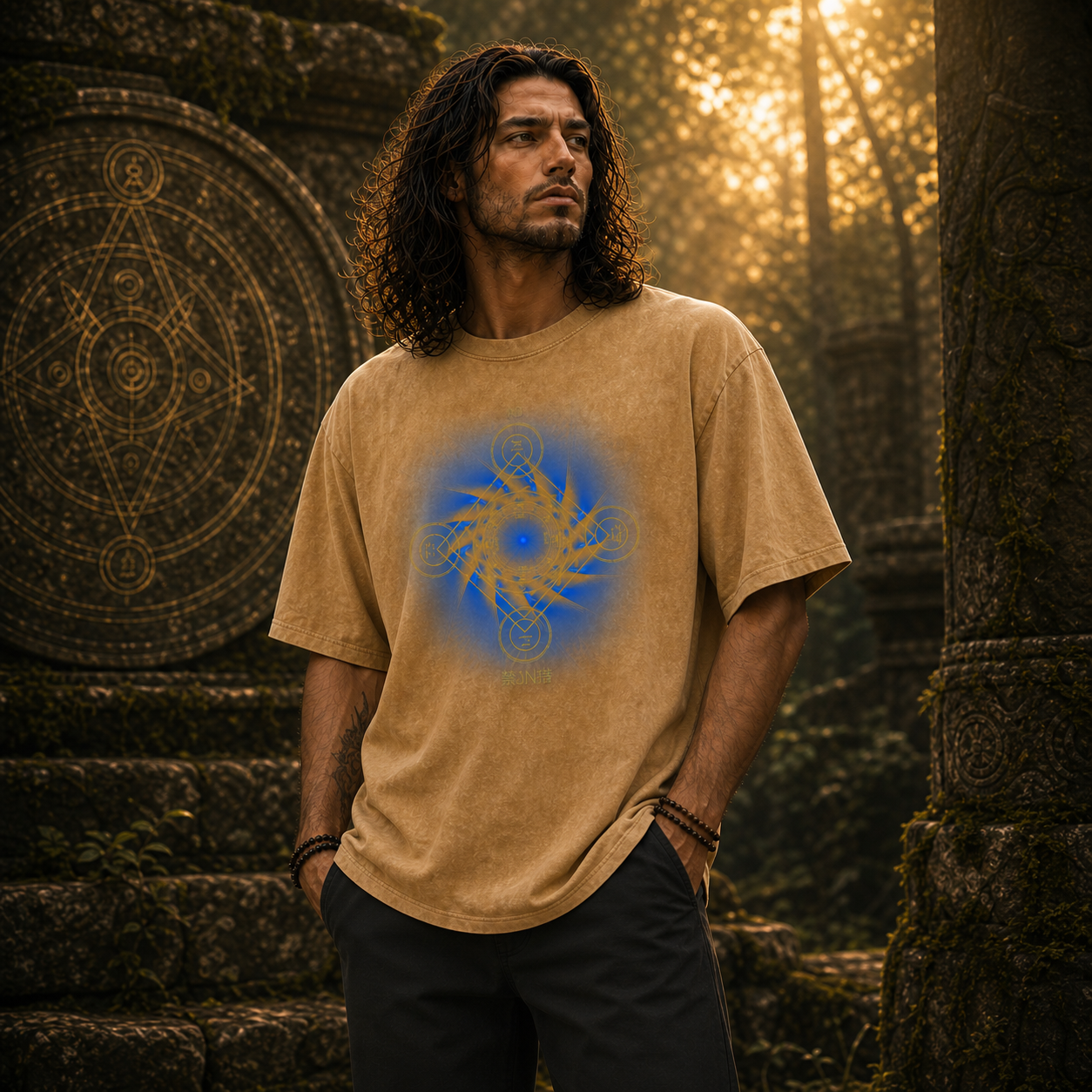 Earth Pentacle Unisex Snow Washed Streetwear Oversized Cotton T-Shirt - Grounding Spiritual Power into Material Reality