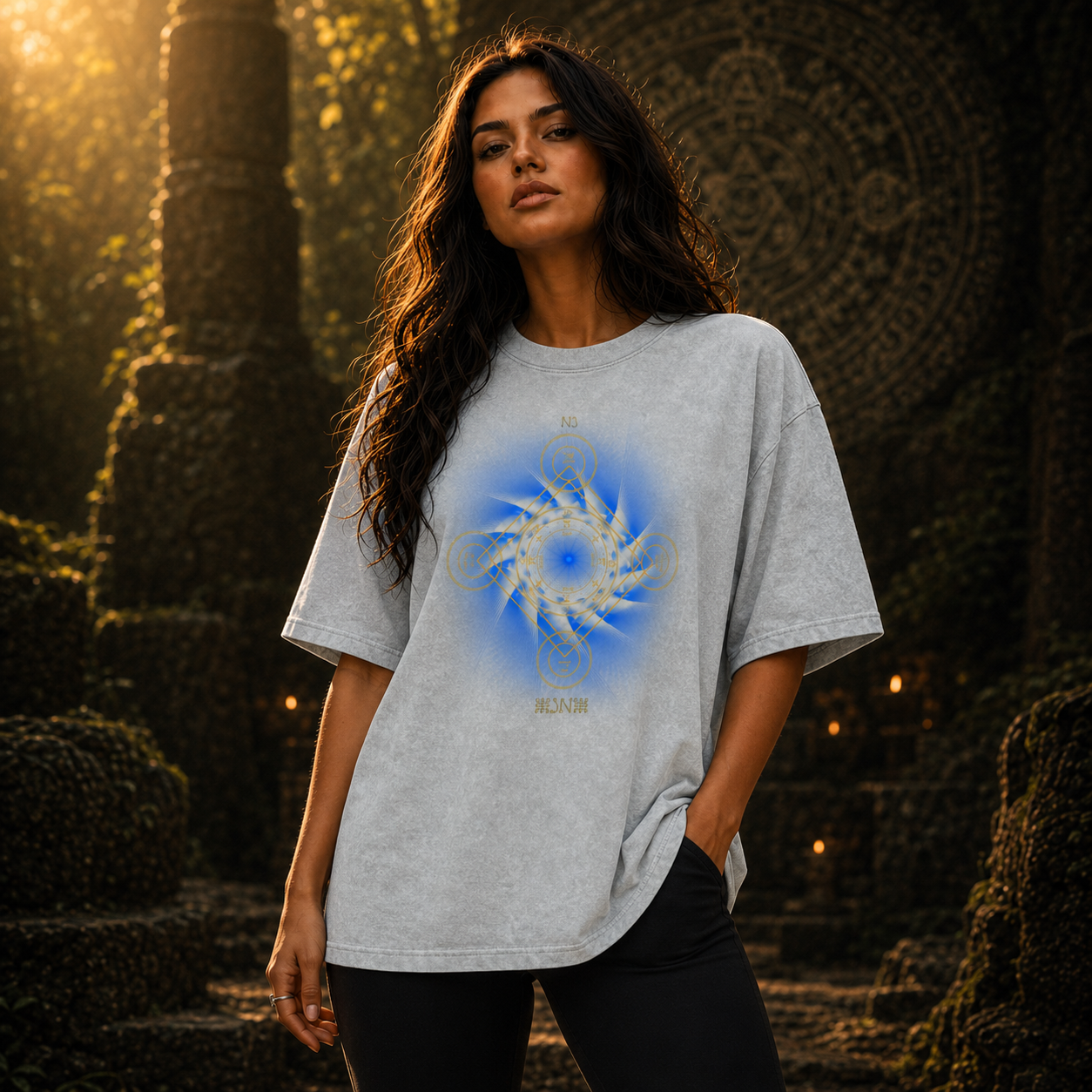 Earth Pentacle Unisex Snow Washed Streetwear Oversized Cotton T-Shirt - Grounding Spiritual Power into Material Reality