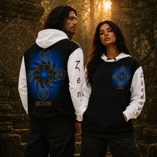 Earth Pentacle Black & White All Over Unisex Cotton Hoodie (Incl. Sleeves)