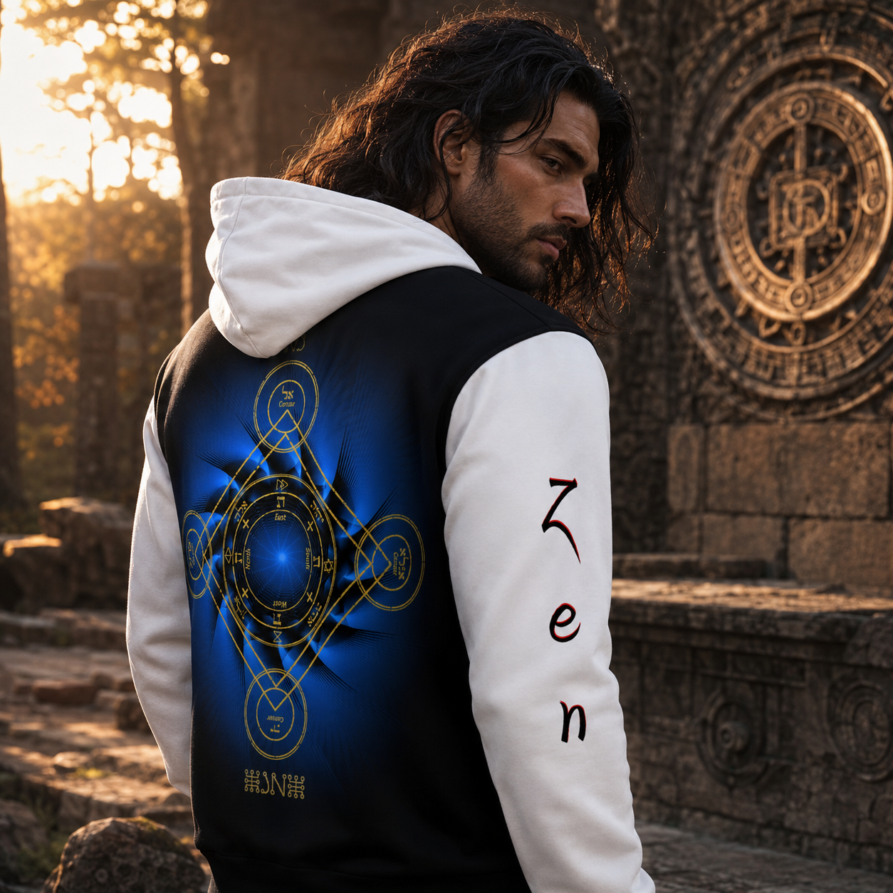 Earth Pentacle Black & White All Over Unisex Cotton Hoodie (Incl. Sleeves)