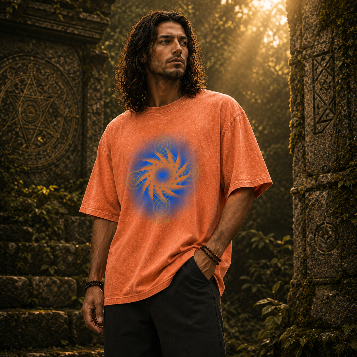Earth Pentacle Unisex Snow Washed Streetwear Oversized Cotton T-Shirt - Grounding Spiritual Power into Material Reality