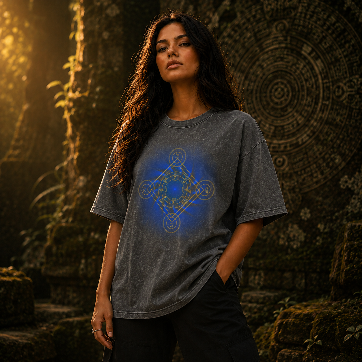 Earth Pentacle Unisex Snow Washed Streetwear Oversized Cotton T-Shirt - Grounding Spiritual Power into Material Reality