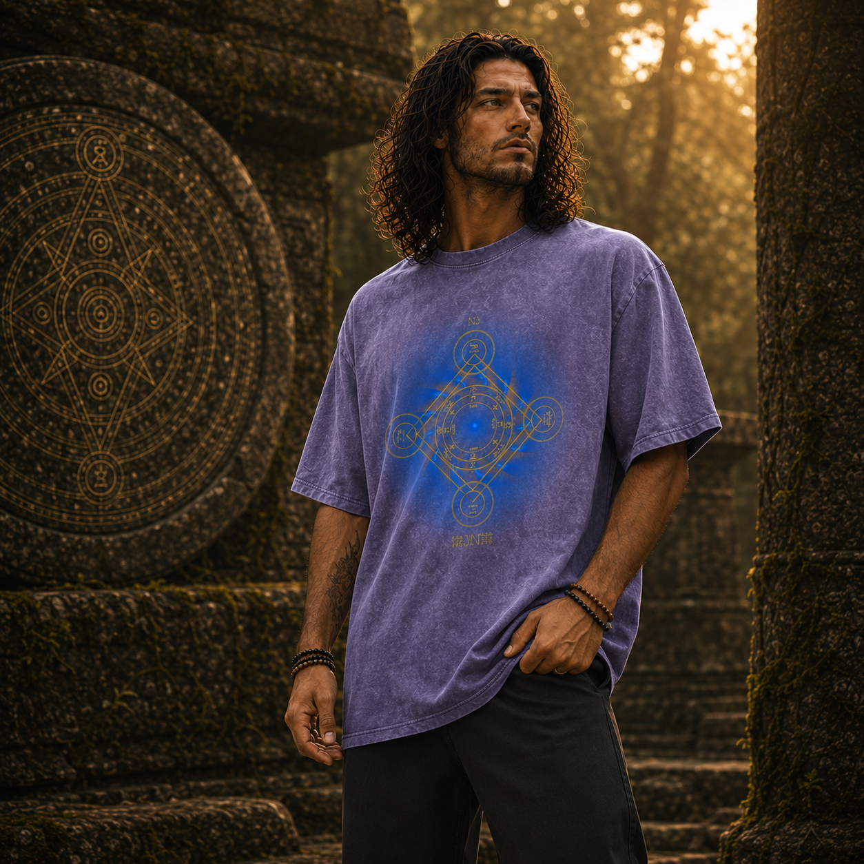 Earth Pentacle Unisex Snow Washed Streetwear Oversized Cotton T-Shirt - Grounding Spiritual Power into Material Reality