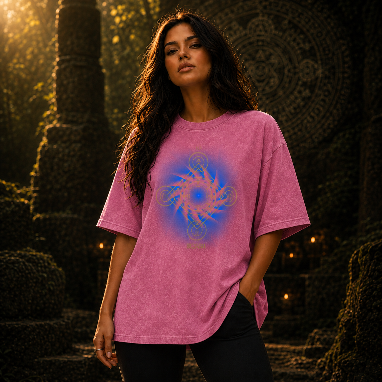 Earth Pentacle Unisex Snow Washed Streetwear Oversized Cotton T-Shirt - Grounding Spiritual Power into Material Reality