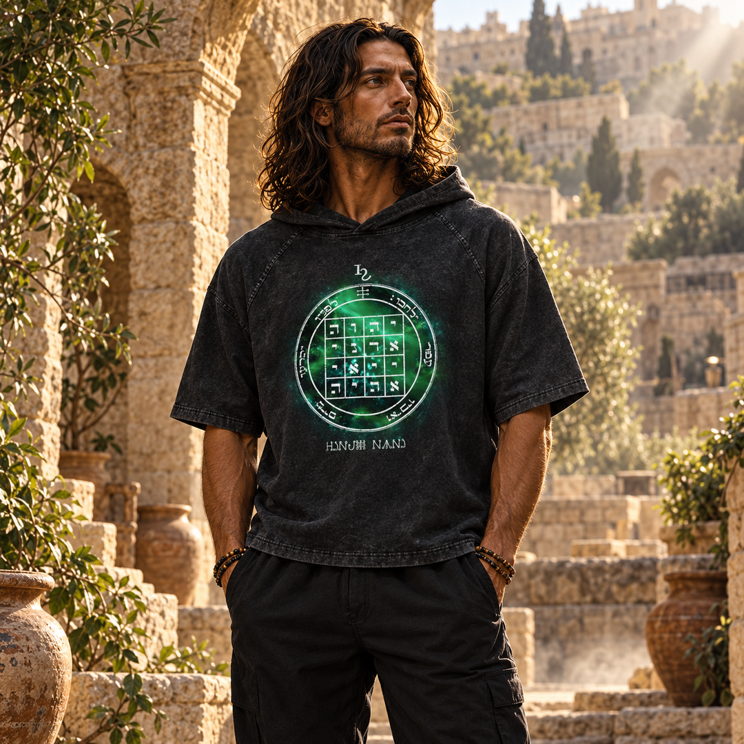 1st Pentacle of Saturn Snow Washed Hooded Boxy T-Shirt — Sovereignty and Inner Authority