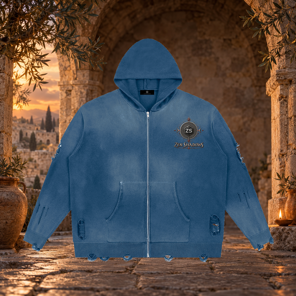 1st Pentacle of Jupiter Unisex Distressed Full Zip Sweater - Abundance, Expansion & Prosperity