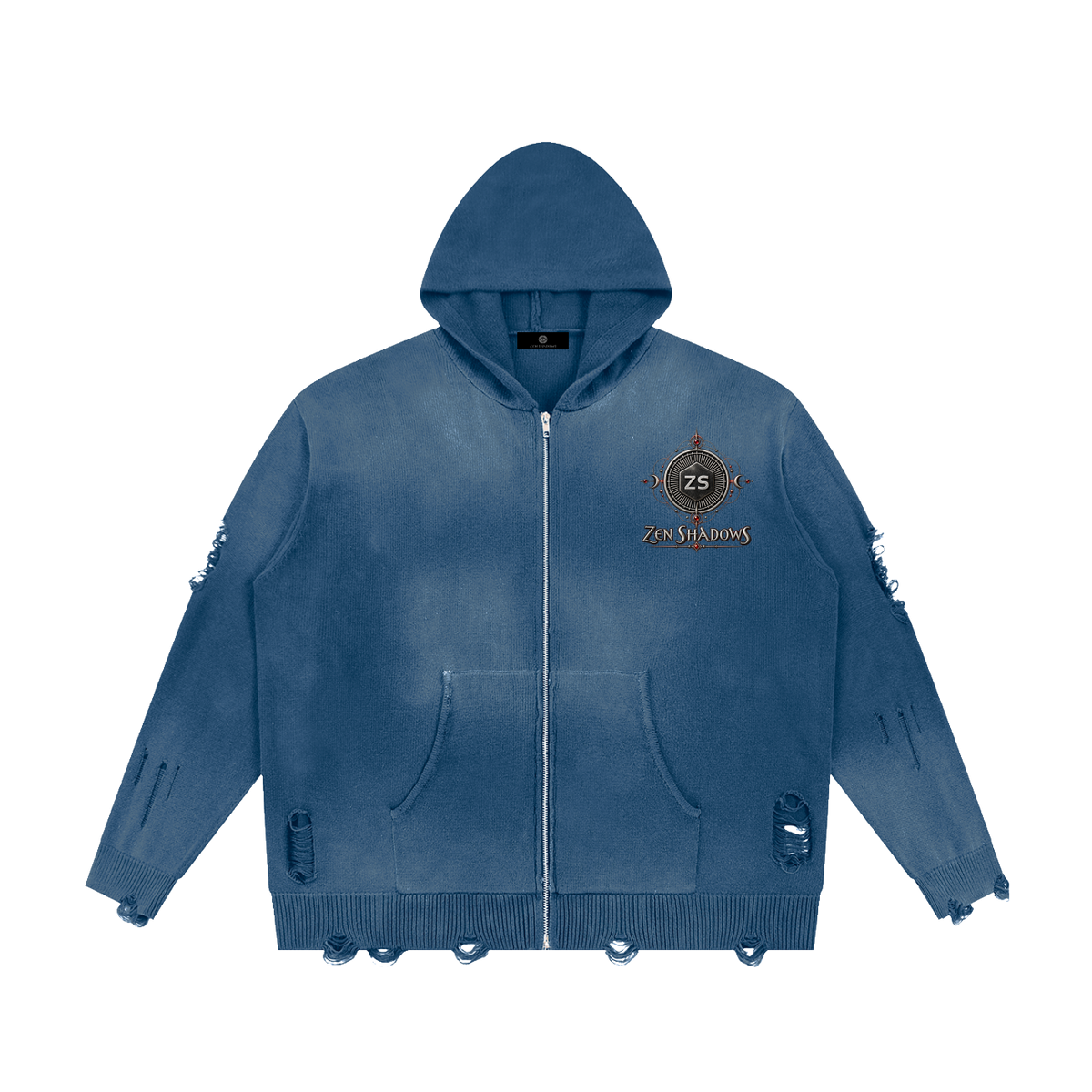 1st Pentacle of Jupiter Unisex Distressed Full Zip Sweater - Abundance, Expansion & Prosperity