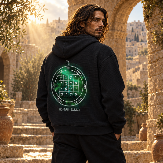 1st Pentacle of Saturn Unisex Mineral Wash Boxy Waffle Hoodie — Sovereignty and Inner Authority