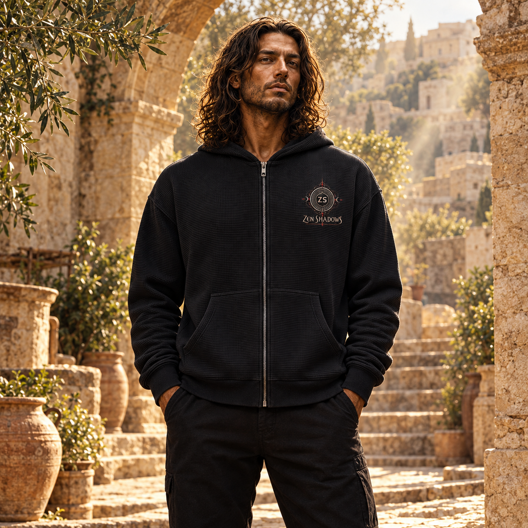 1st Pentacle of Saturn Unisex Mineral Wash Boxy Waffle Hoodie — Sovereignty and Inner Authority