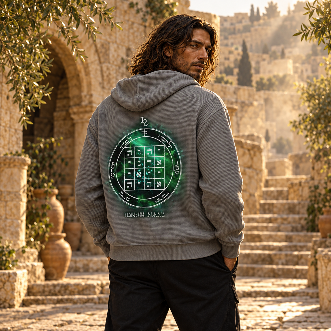 1st Pentacle of Saturn Unisex Mineral Wash Boxy Waffle Hoodie — Sovereignty and Inner Authority