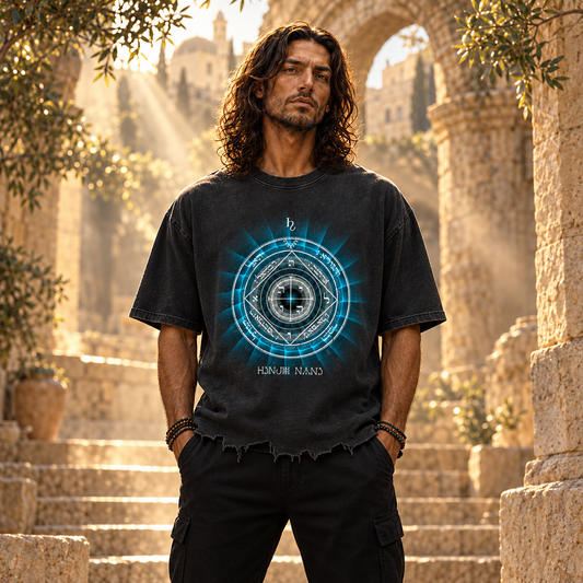 5th Pentacle of Saturn Snow Wash Raw-Hem Boxy T-shirt - Protection of the Home, Property and Valuables