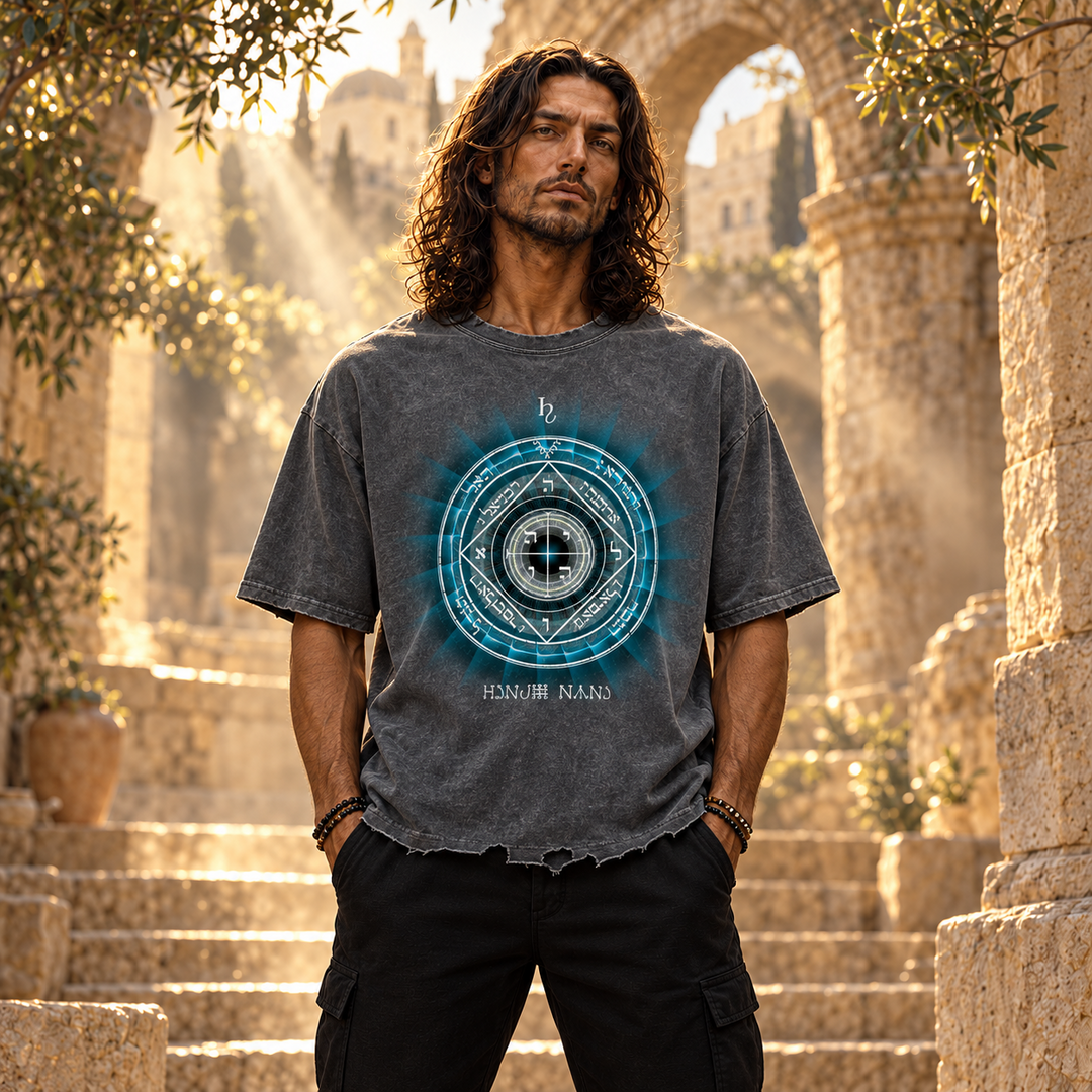 5th Pentacle of Saturn Snow Wash Raw-Hem Boxy T-shirt - Protection of the Home, Property and Valuables