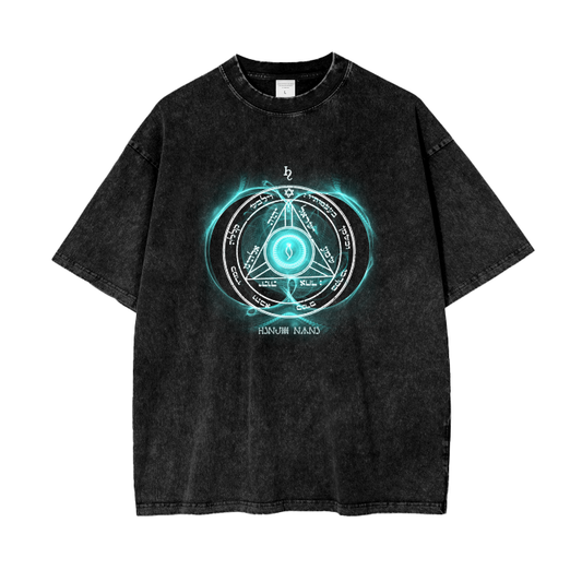 Acid wash oversized tee with 4th Pentacle of Saturn for influence