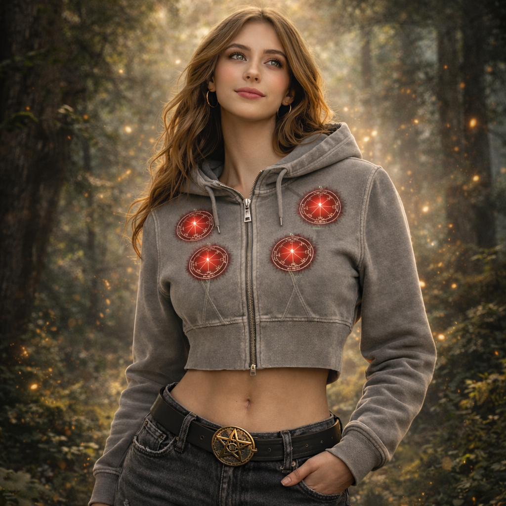 3rd Pentacle of Saturn Vintage Washed Cropped Fleece Hoodie - Protection Against Negativity